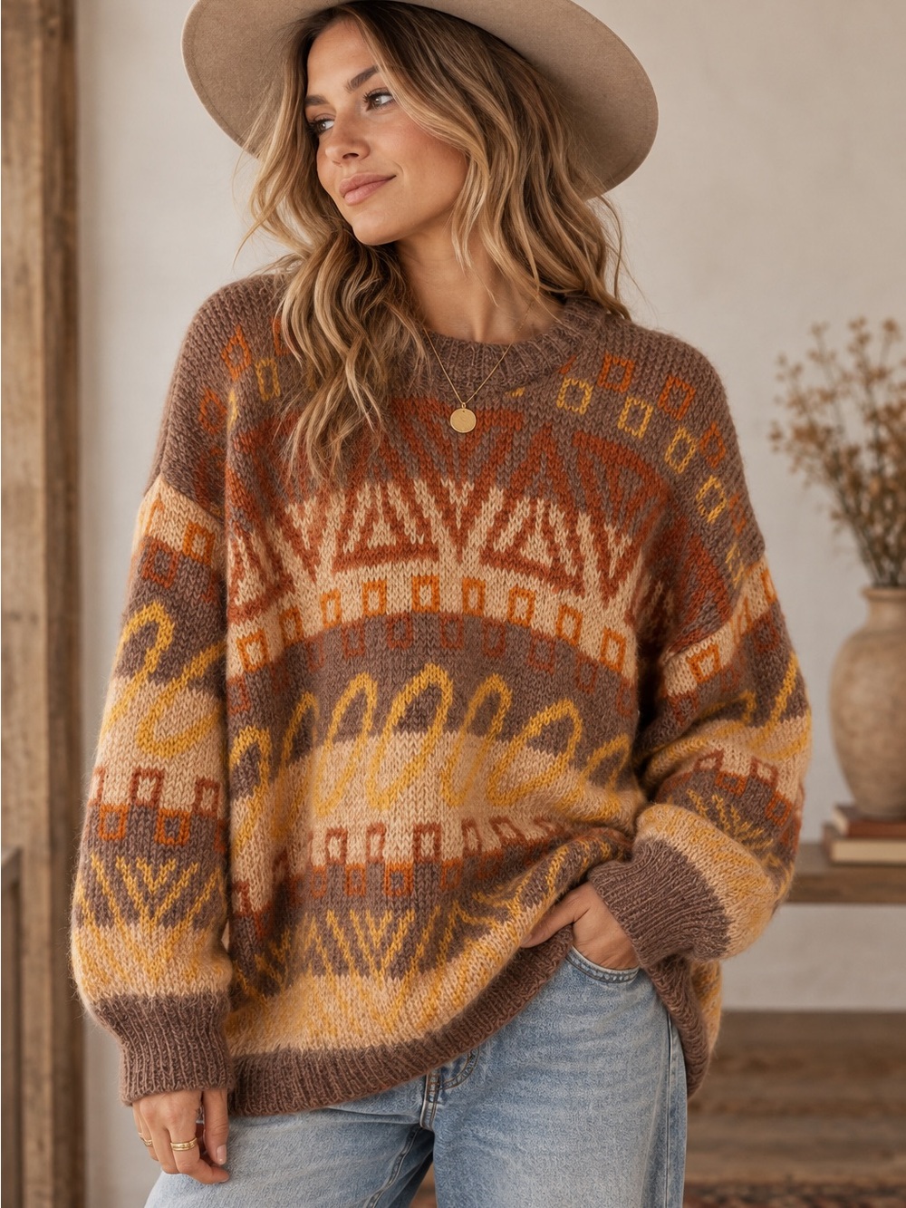 Vintage Mohair Wool Sweater Boho Fair Isle Southwestern Oversized Cozy Knit Sz L